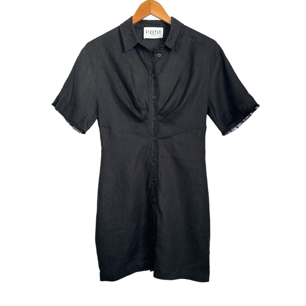 Claudie Pierlot Womens Short Sleeve Button Up Mini Dress Sz 36 US 4 Black Lined